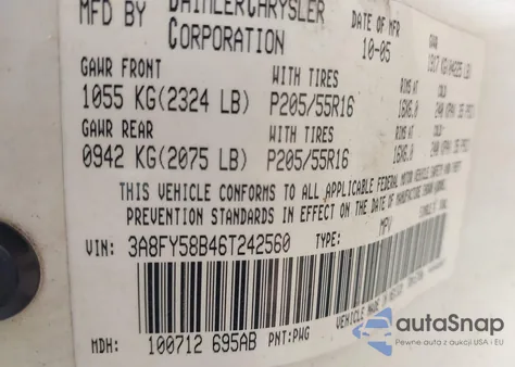 2006 Chrysler Pt Cruiser Touring z USA, uszkodzony, nr VIN 3A8FY58B46T242560